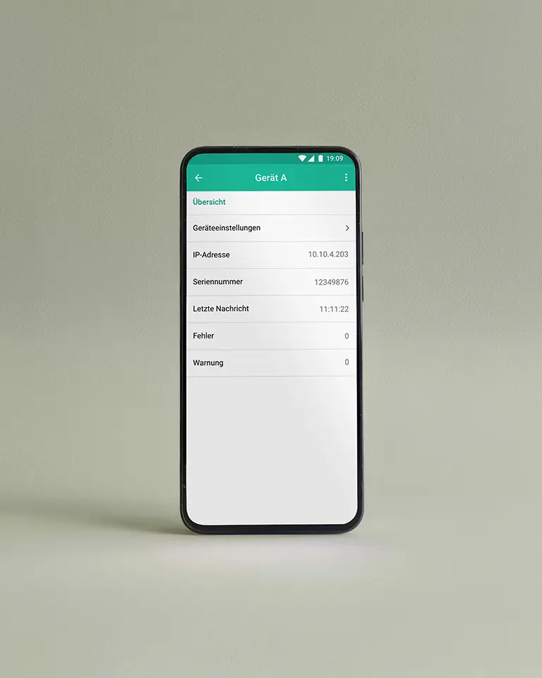 App-UI Steuerung für Gerät A mit Informationstafeln zur Geräteüberwachung