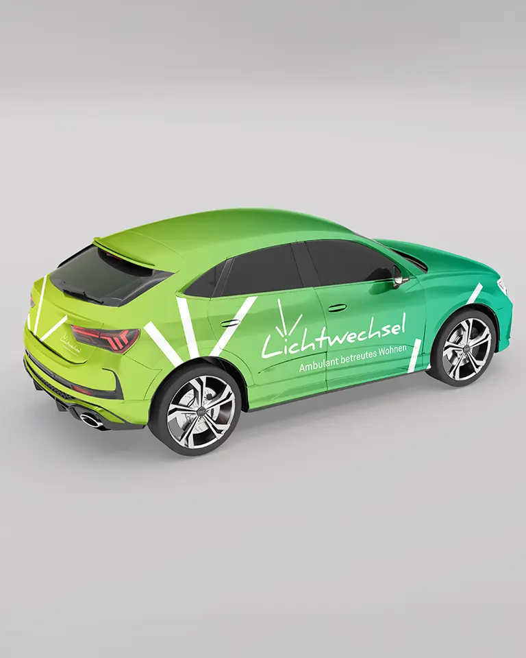 Fahrzeugfolierung Lichtwechsel mit Corporate Design soziale Einrichtung, Logo und Farbwelt von Limonengrün zu Türkisblau