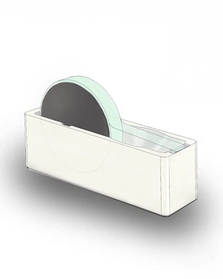 Minimalistischer Klebebandabroller – freies konzeptionelles Industriedesign-Konzept von Platt & Form mit weißem Grundkörper und schwarzen Führungsscheiben als Designskizze