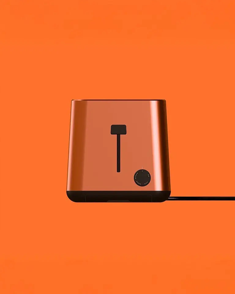 Industriedesign eines modernen orangen Toasters – Produktdesign mit Fokus auf minimalistische Formsprache von Platt & Form.