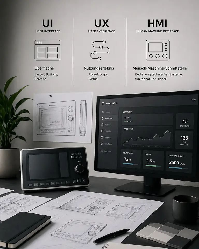 UI, UX und HMI im Vergleich dargestellt in einem Designstudio mit Skizzen, Bedienoberflächen und einem industriellen Steuerungsmonitor zur Veranschaulichung von Benutzeroberfläche, Nutzererlebnis und Mensch-Maschine-Interaktion.