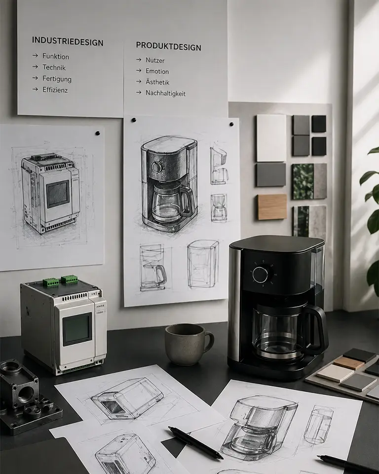 nfografik zum Vergleich von Industriedesign und Produktdesign: Gegenüberstellung von technischer Konstruktion und nutzerzentrierter Gestaltung – Platt & Form.