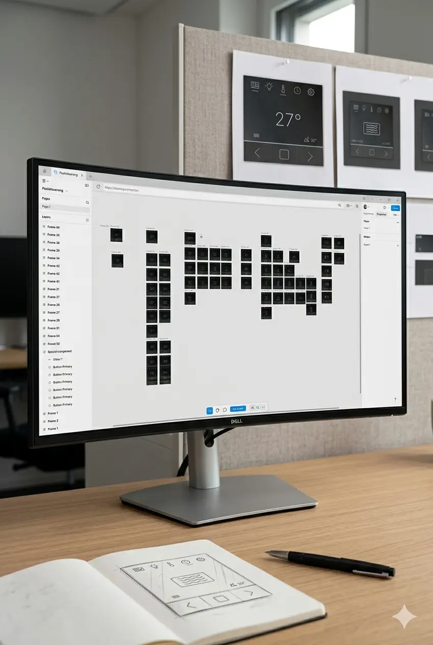 UI/UX-Designprozess in Figma für das Interface einer smarten Poolsteuerung auf einem Office-Monitor bei Platt & Form.