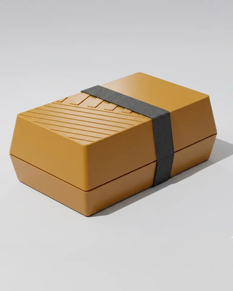 Finale CMF-Definition einer orangen Brotdose im High-End-Rendering zur exakten Festlegung von Material, Farbe und Oberflächenbeschaffenheit.