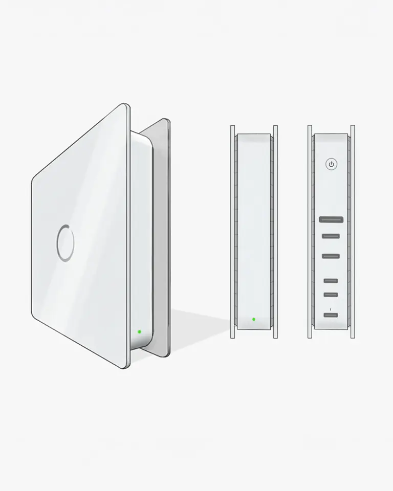 Digitale Designskizze für ein Computergehäuse zur Veranschaulichung der visuellen Designrichtung und Formfindung.