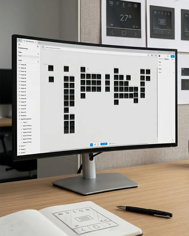 Entwicklung der Informationsarchitektur für ein Medizintechnik-Interface: UI/UX-Design-Prozess und Screen-Strukturen auf einem Monitor im Studio.